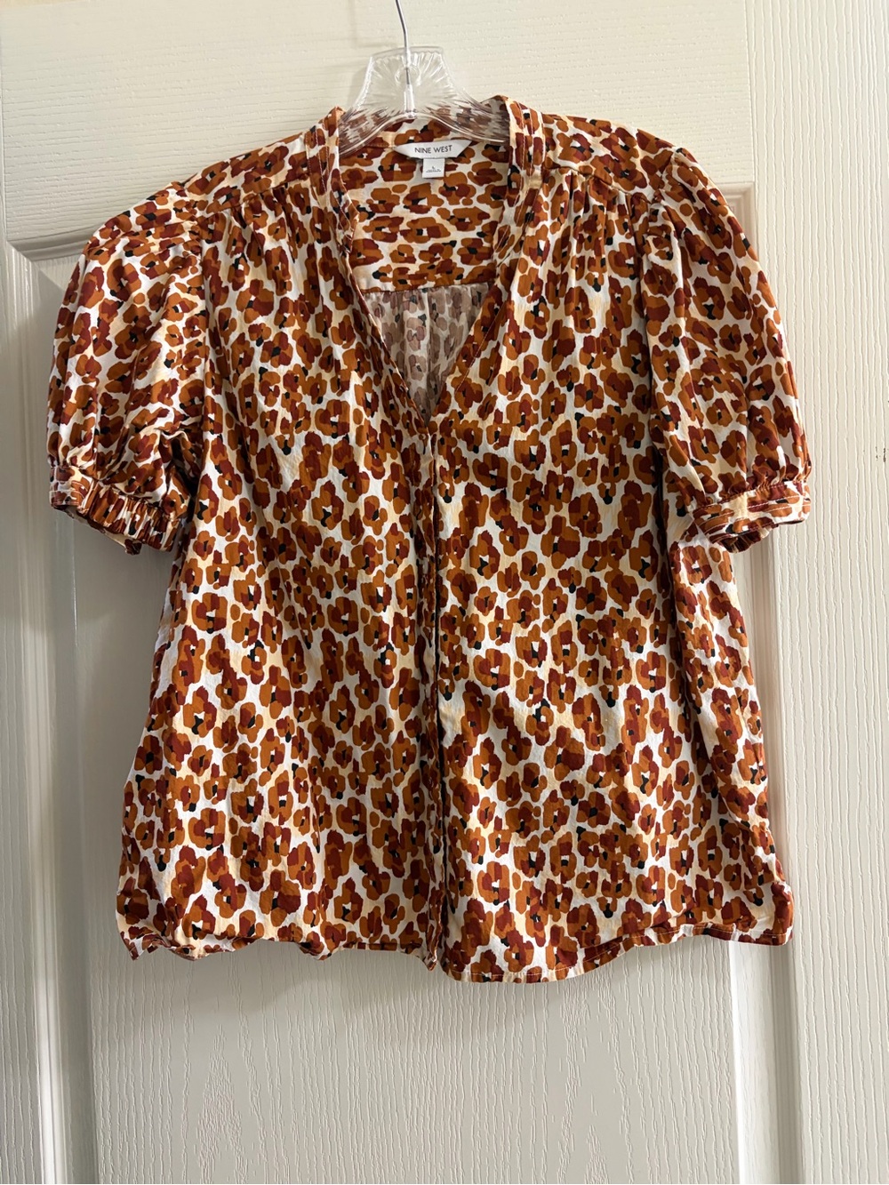 Nine West Rust and Cream Leopard Print Puff-Sleeve Blouse
